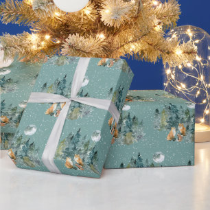 Vosfamilie in bos onder volle maan sneeuwval Kerst Cadeaupapier