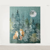 Vosfamilie in bos onder volle maan sneeuwval wandkleed (Voorkant)