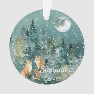 Vosfamilie in bos volle maan sneeuwval aquarel ornament