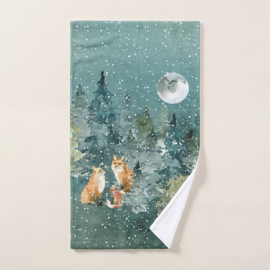 Vosfamilie in bos volle maan sneeuwval bad handdoek (Handdoek)