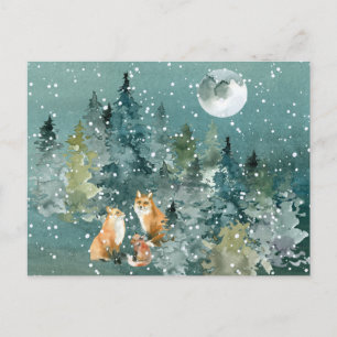 Vosfamilie in bos volle maan sneeuwval briefkaart