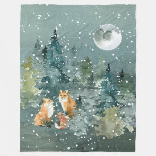 Vosfamilie in bos volle maan sneeuwval fleece deken