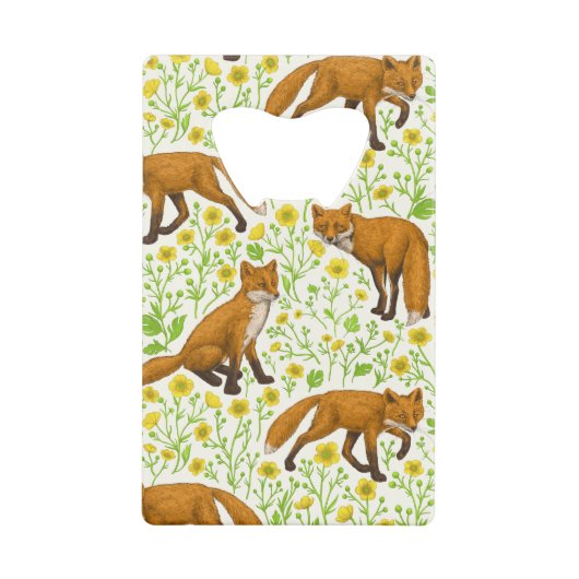 Vossen en boterbloemen op natuurlijk wit creditkaart flessenopener (Voorkant)