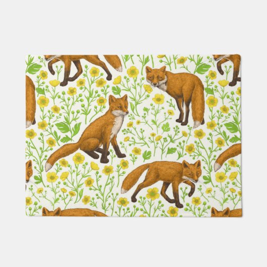 Vossen en boterbloemen op natuurlijk wit deurmat (Voorkant)