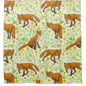 Vossen en boterbloemen op natuurlijk wit douchegordijn (Voorkant)