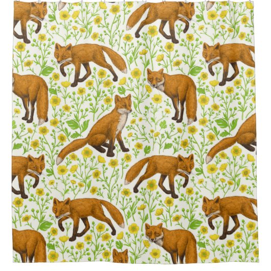 Vossen en boterbloemen op natuurlijk wit douchegordijn (Voorkant)