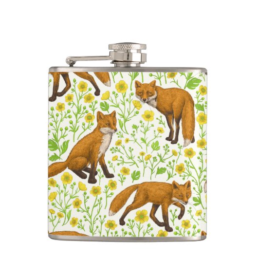 Vossen en boterbloemen op natuurlijk wit heupfles (Voorkant)