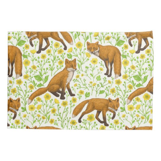 Vossen en boterbloemen op natuurlijk wit kussensloop (Achterkant-Links)