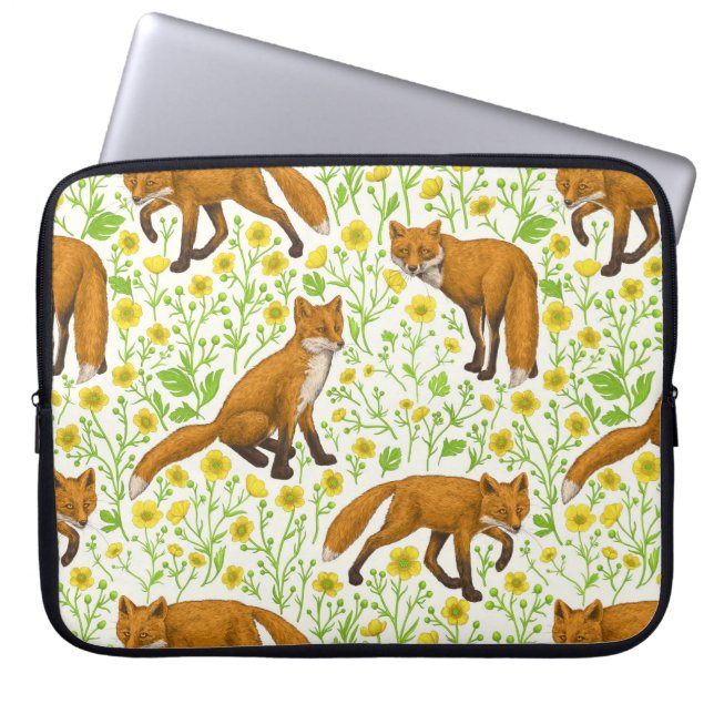 Vossen en boterbloemen op natuurlijk wit laptop sleeve (Voorkant)