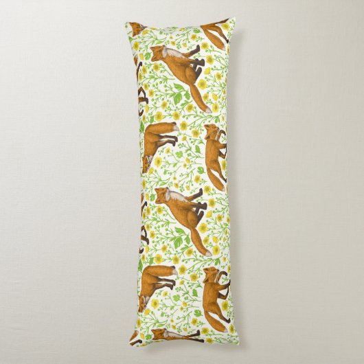 Vossen en boterbloemen op natuurlijk wit lichaamskussen (Achterkant (Verticaal))