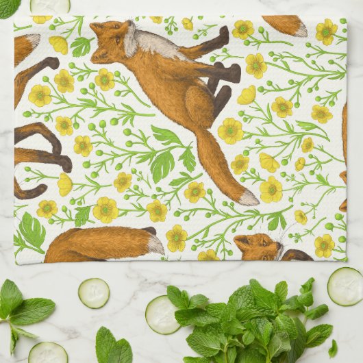 Vossen en boterbloemen op natuurlijk wit theedoek (Gevouwen)