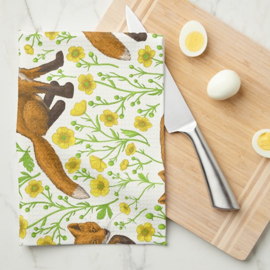 Vossen en boterbloemen op natuurlijk wit theedoek (Quarter Fold)