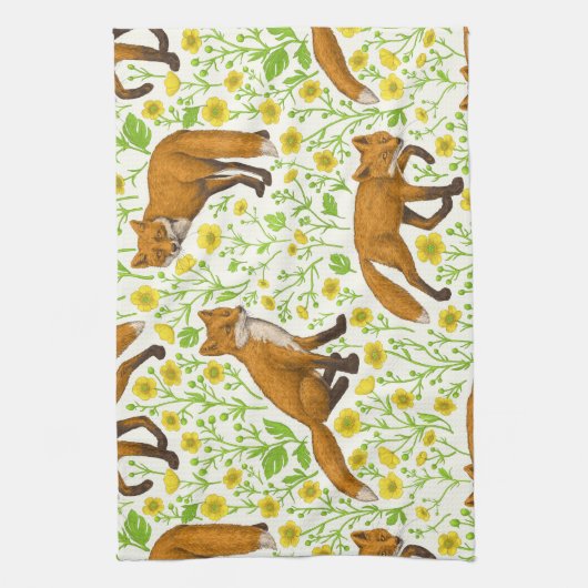 Vossen en boterbloemen op natuurlijk wit theedoek (Verticaal)