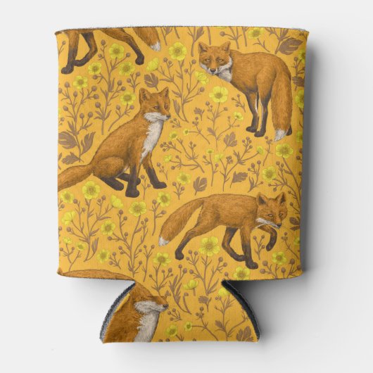 Vossen en boterbloemen op sinaasappel blikjeskoeler (Voorkant)