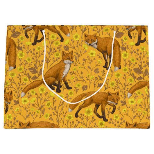 Vossen en boterbloemen op sinaasappel groot cadeauzakje (Voorkant)