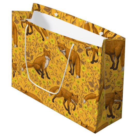 Vossen en boterbloemen op sinaasappel groot cadeauzakje (Voorkant Gekanteld)