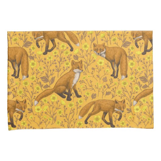 Vossen en boterbloemen op sinaasappel kussensloop (Voorkant-Rechts)