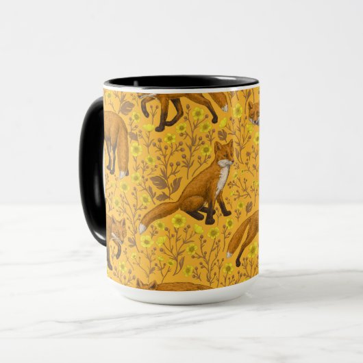 Vossen en boterbloemen op sinaasappel mok (Voorkant links)