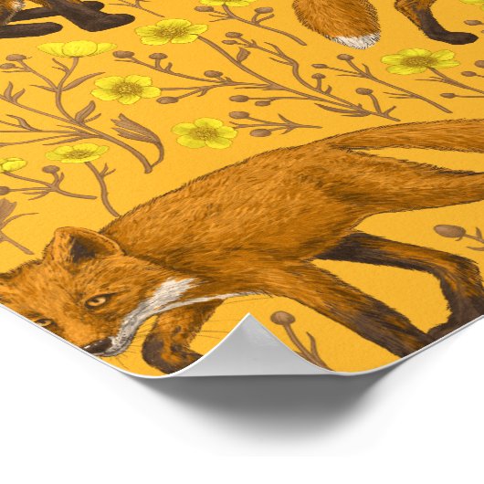 Vossen en boterbloemen op sinaasappel poster (Hoek)