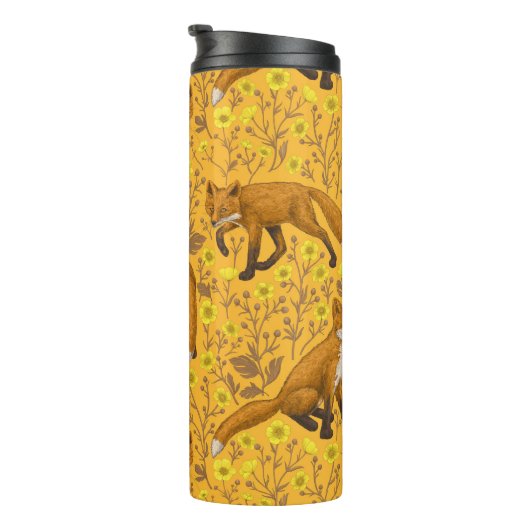 Vossen en boterbloemen op sinaasappel thermosbeker (Geroteerd rechts)