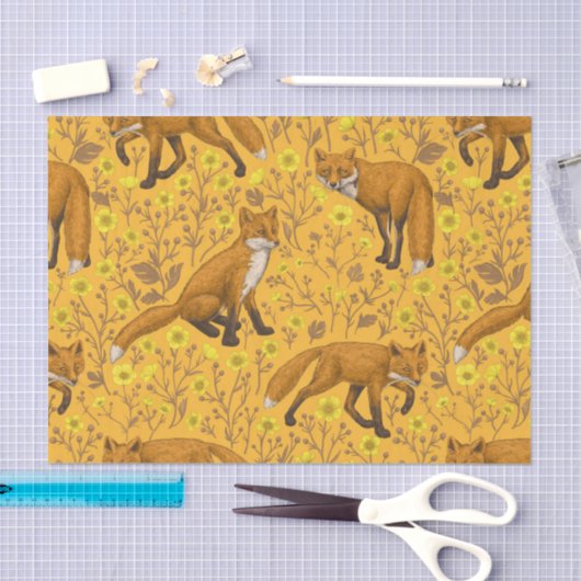 Vossen en boterbloemen op sinaasappel tissuepapier (Craft)