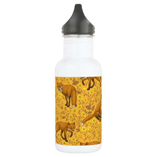 Vossen en boterbloemen op sinaasappel waterfles  (Links)