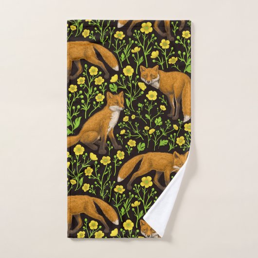 Vossen en boterbloemen op zwart bad handdoek (Handdoek)