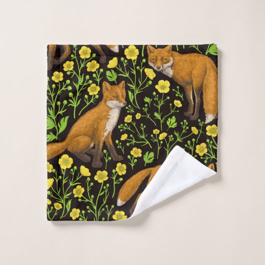 Vossen en boterbloemen op zwart bad handdoek (Wasdoekje)