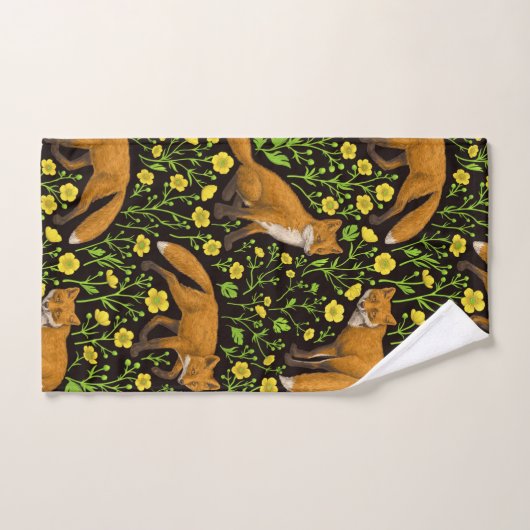 Vossen en boterbloemen op zwart bad handdoek (Handdoek)