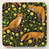 Vossen en boterbloemen op zwart bier onderzetter (Voorkant)