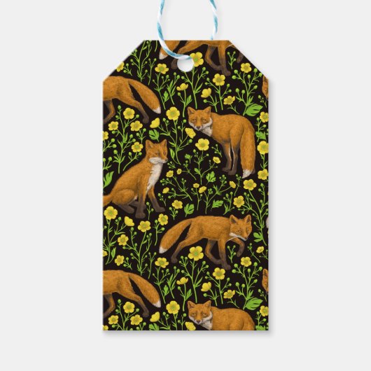 Vossen en boterbloemen op zwart cadeaulabel (Voorkant)