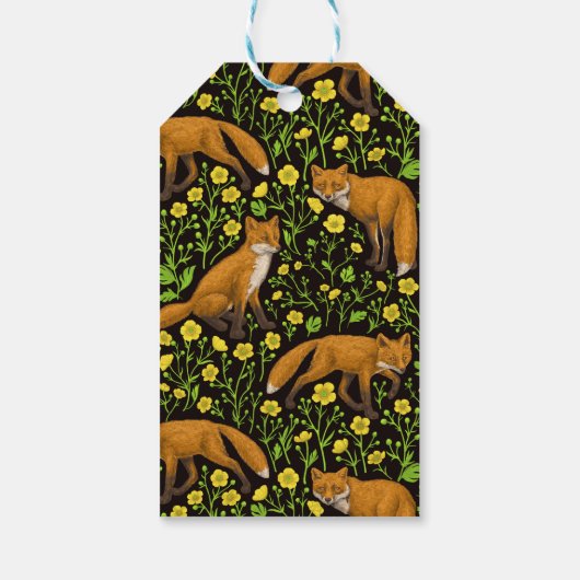 Vossen en boterbloemen op zwart cadeaulabel (Achterkant)