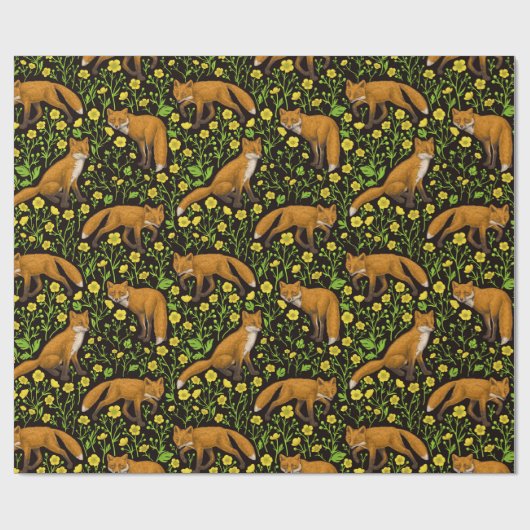 Vossen en boterbloemen op zwart cadeaupapier (Vlak)