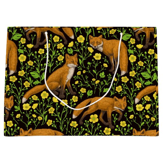 Vossen en boterbloemen op zwart groot cadeauzakje (Voorkant)