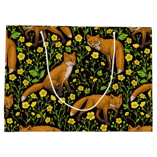 Vossen en boterbloemen op zwart groot cadeauzakje (Achterkant)