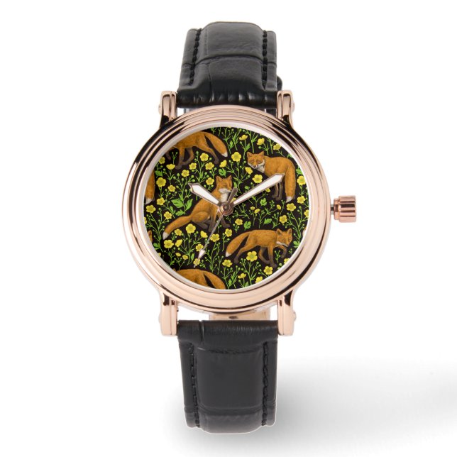 Vossen en boterbloemen op zwart horloge (Voorkant)