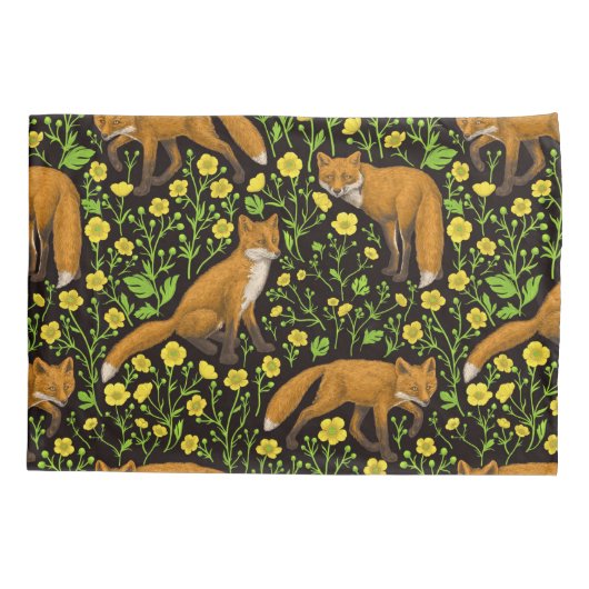 Vossen en boterbloemen op zwart kussensloop (Achterkant-Links)