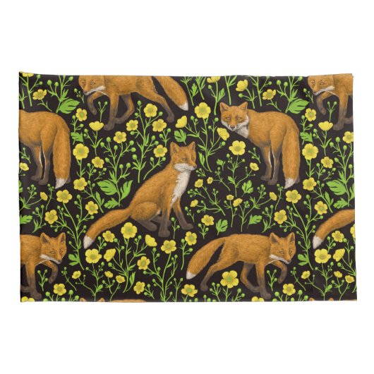 Vossen en boterbloemen op zwart kussensloop (Achterkant-Rechts)