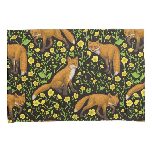 Vossen en boterbloemen op zwart kussensloop (Voorkant-Rechts)