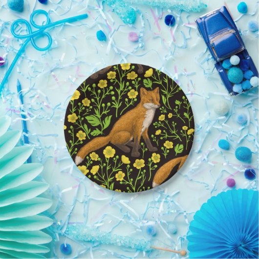 Vossen en boterbloemen op zwart papieren bordje (Feest)