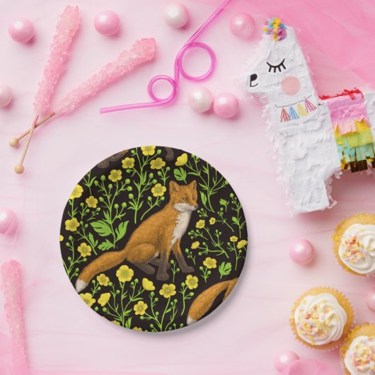 Vossen en boterbloemen op zwart papieren bordje (Feest)