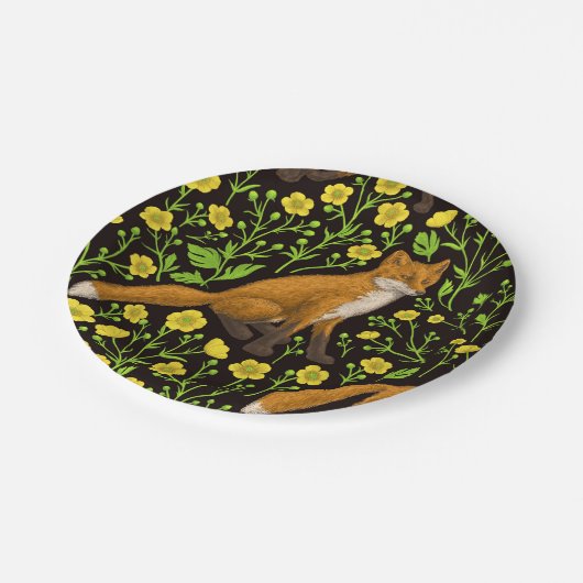 Vossen en boterbloemen op zwart papieren bordje (Gekanteld)