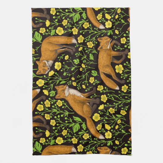 Vossen en boterbloemen op zwart theedoek (Verticaal)