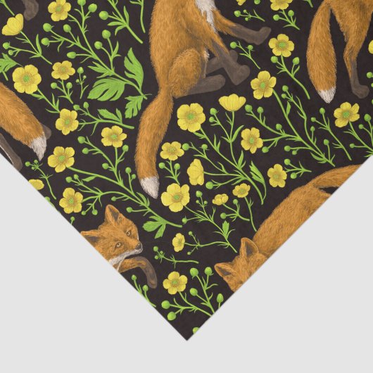 Vossen en boterbloemen op zwart tissuepapier (Detail)