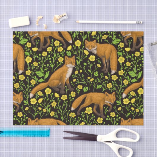 Vossen en boterbloemen op zwart tissuepapier (Craft)