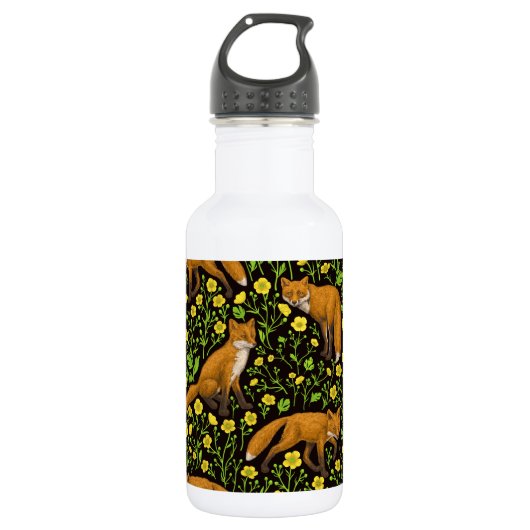 Vossen en boterbloemen op zwart waterfles  (Voorkant)