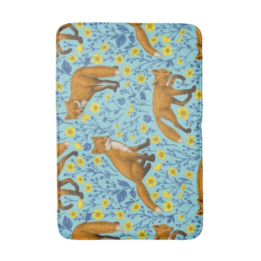 Vossen en boterbloemen op zwembad blauw badmat (Voorkant Verticaal)
