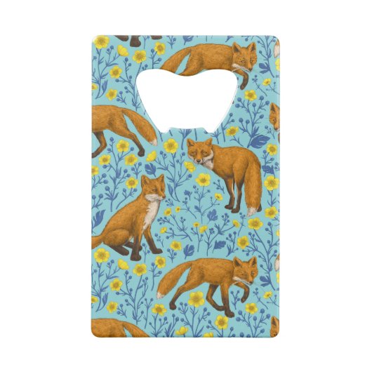 Vossen en boterbloemen op zwembad blauw creditkaart flessenopener (Achterkant)