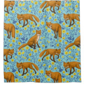 Vossen en boterbloemen op zwembad blauw douchegordijn (Voorkant)