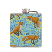 Vossen en boterbloemen op zwembad blauw heupfles (Achterkant)